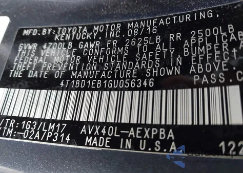 2016 Toyota Avalon Hybrid Limited from USA, damaged, VIN 4T1BD1EB1GU056346